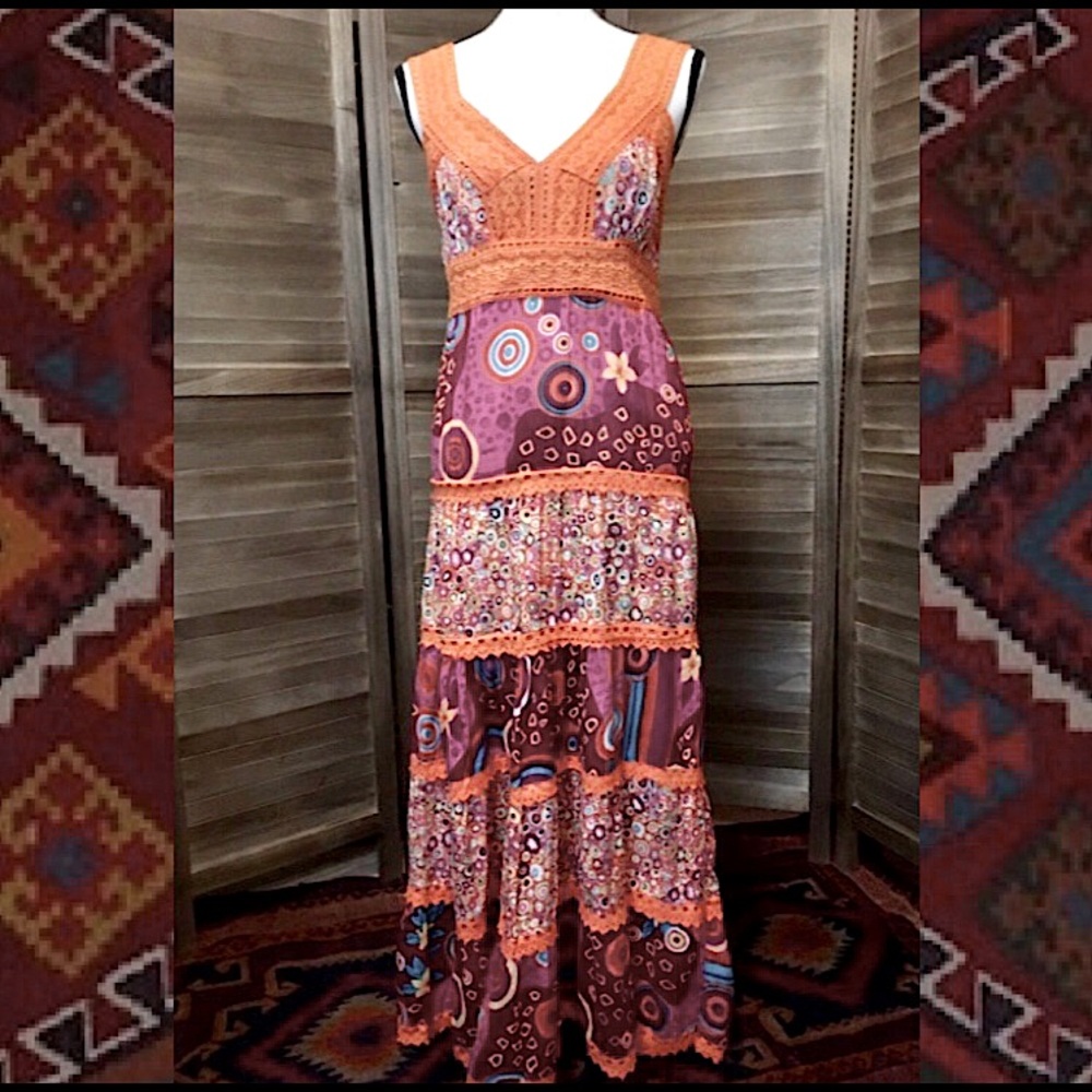 Suya Layered Maxi Dress with Orange Lace Detail, Medium, NWT